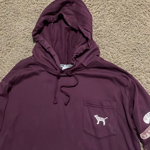 Pink Victoria Secret maroon hooded top with “Pink” sequin lettering Ladies Sz M - Picture 4 of 15